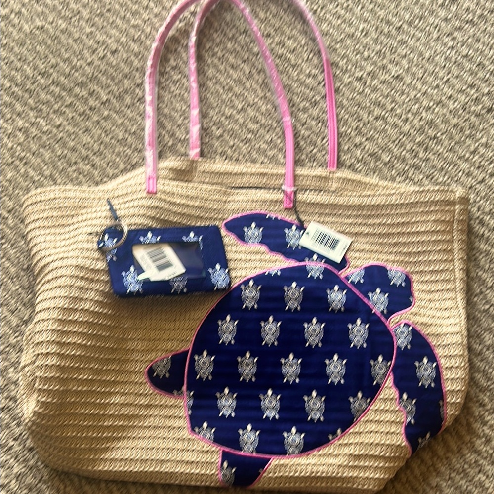Vera Bradley Tan Straw Tote with Blue Turtle Design w/pouch/key chain NWT
